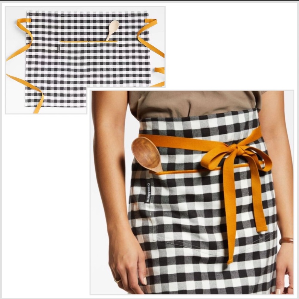 Two New Crate & Barrel Buffalo Check Waist Apron, Black/White, Gold Yellow Trim.